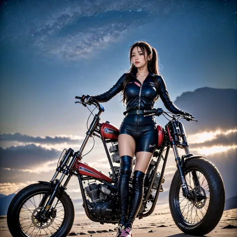 anna_girl, (late night, dark sky, star), break, (she drives a large off-road bike, (harley-davidson xr750), (vivid pink high-leg...