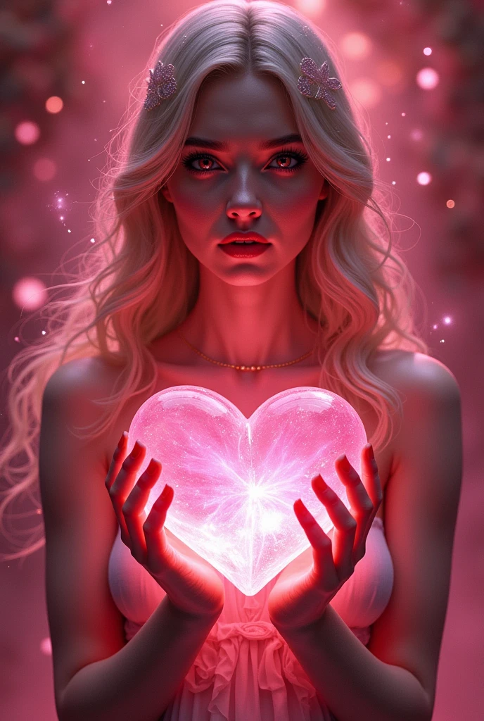 Goddess holding a heart-shaped pink stone　mysterious　Red or pink background goddess facing straight ahead　Sparkling　Light　