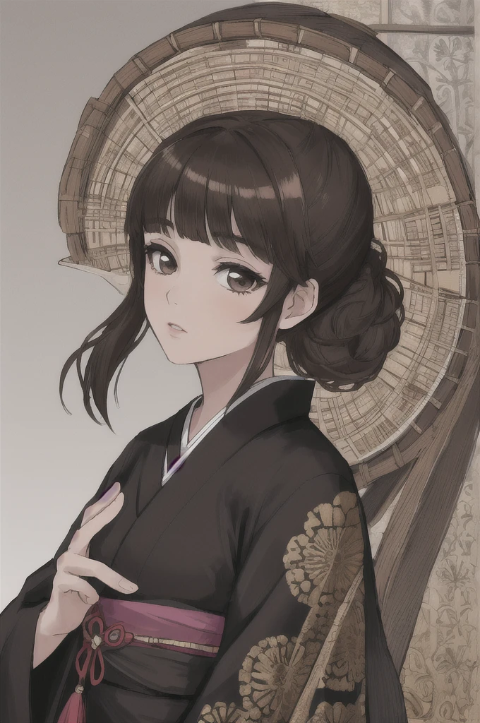 girl with short brown hair, brown eyes, in a black kimono, highly detailed high contrast hd masterpiece of best quality in high resolution