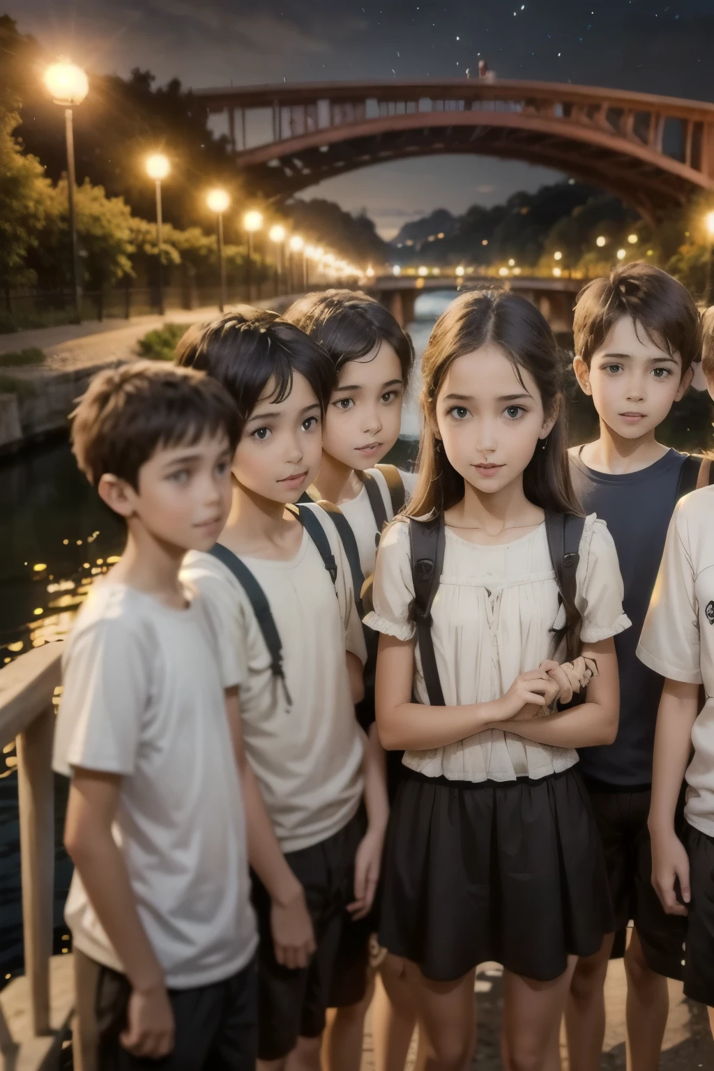 group of boys and girls near a bridge on a summer night,