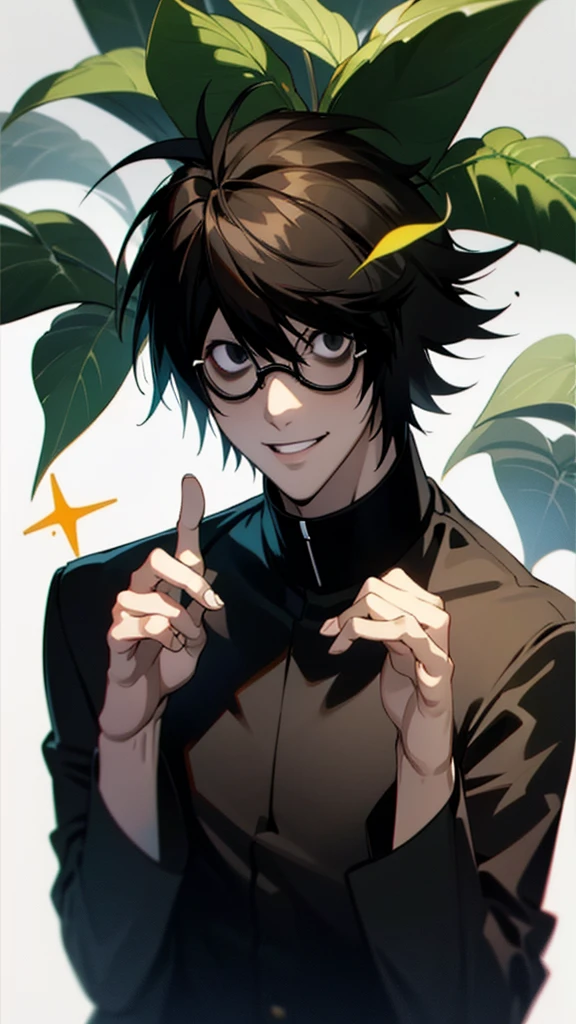 1boy, male_focus, solo, simple_background, black_hair, smile, glasses, white_background, gakuran, school_uniform, brown_eyes, upper_body, looking_at_viewer, hair_between_eyes, mole, mole_under_eye, grin, short_hair, bangs, semi-rimless_eyewear, black_jacket, under-rim_eyewear, jacket, parted_lips, smile