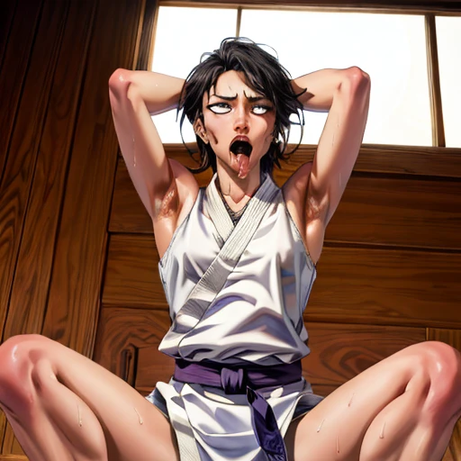 ((((masterpiece, best quality, high resolution)))), Extremely detailed 8K, 1 female, wearing a white Karate gi, (ahegao),white eyes, Small breasts,full body, kneeling, tired, (muscle:1.4), japanese clothes,  No underwear,No eyeballs, Facing the audience, looking at the audience, tired, from below, (Exposed armpit:1.1), ((armpit:1.2)), sexy, Sweating, More and more sweat,(ahegao), (Roll your eyes),  open mouth, Sticking out tongue, saliva, Slobber,Skinny, raise arms, (arms above head:1.5)(Ultra HD, Ultra-detailed, Highly detailed, Highly realistic, Ultra-realistic, photograph realistic), (1girl:1.5), (Realistic black hair), (dynamic poses), facing at camera, looking at viewer, (slightly serious face), (perky breasts:1.2), (beautiful detailed face, beautiful detailed eyes), ((worn out karate gi)), (preparing for a fight), sweat, glow, (sunbeam, sunlight), ((cowboy shot)), inside a training gym, seductive, EnvyBetterHands LoCon,