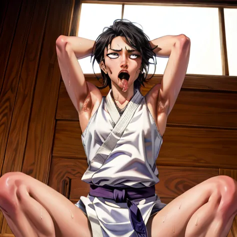 ((((masterpiece, best quality, high resolution)))), extremely detailed 8k, 1 female, wearing a white karate gi, (ahegao),white e...