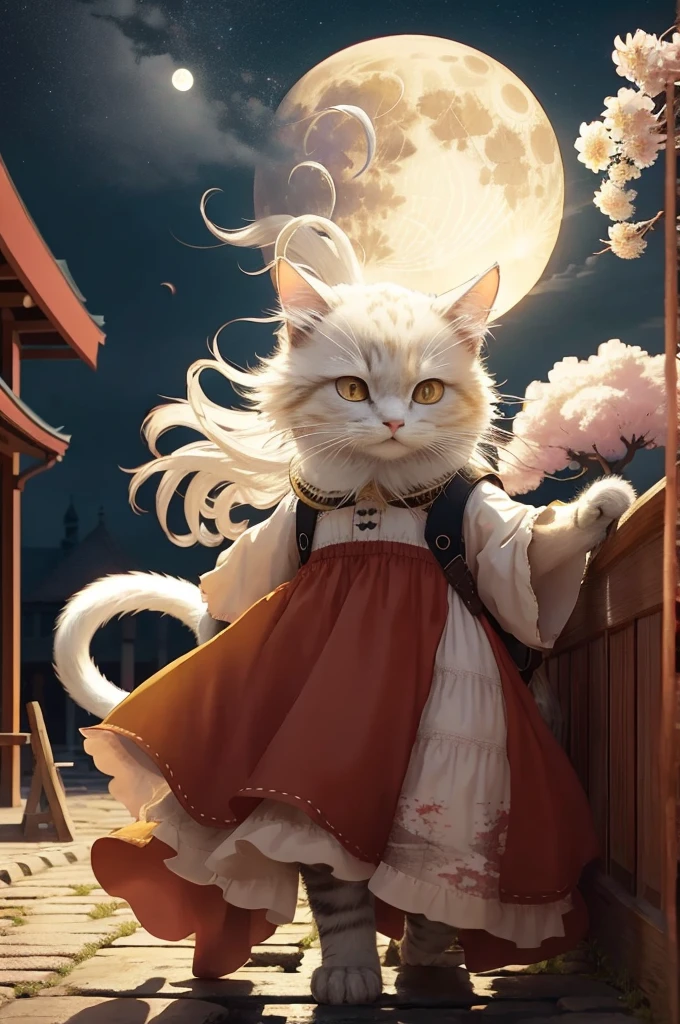 HDR,uhd,8k,Highly d surrounded by floating sakura, yellow full moon, beautiful detailed dark midnight sky, messy white long hair,
Old castle can be seen　An anthropomorphic cat wearing a red dress
