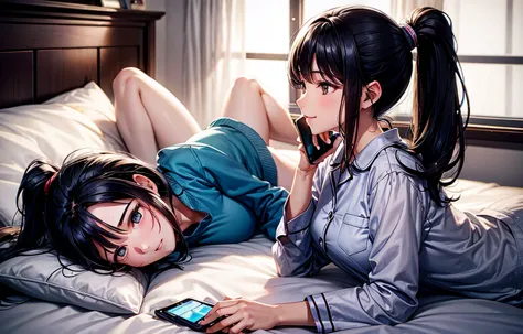 a black haired woman with a ponytail and pajamas lying on the bed talking with a cell phone in her hand smiling