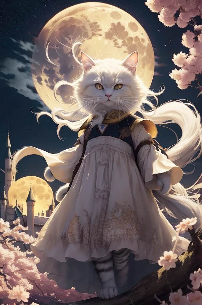 HDR,uhd,8k,Highly d surrounded by floating sakura, yellow full moon, beautiful detailed dark midnight sky, messy white long hair,
Old castle can be seen　An anthropomorphic cat wearing a bluedress
