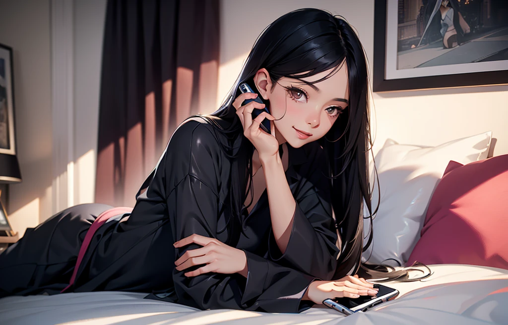 A long straight black haired woman in pajamas lying in bed talking with a cell phone in her hand smiling