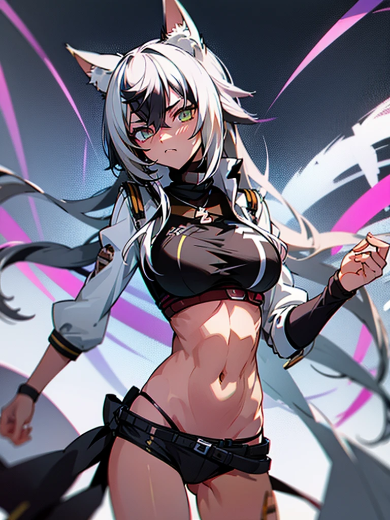 Heterochromatic students with a serious look cat ears white hair defined abdomen anime