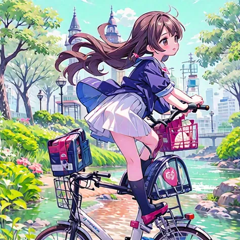 (masterpiece, highest quality:1.2), reality、 riding a bicycle, alone、middle school girls，uniform、panchi et al.，white panties，fro...