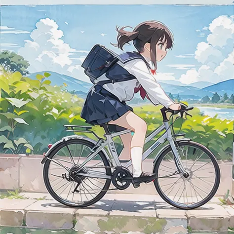 (masterpiece, highest quality:1.2), reality、 riding a bicycle, alone、middle school girls，uniform、panchi et al.，white panties，fro...