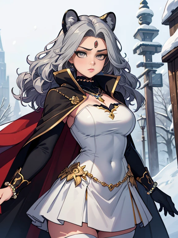 (masterpiece, Highest quality:1.2),One girl, Upper Body,tail, large tail, Gray Hair, Very long hair, Wavy Hair, Grey Eyes, detailed eyes, Multicolored Hair, Circlet, Beaded Necklaces, Animal ears, Leopard Ears, Black Cape, White Dress, Hip vents, Pelvic Curtain, Grey knee socks, the snow&#39;s, the snow&#39;s mountains, Blizzard, Volumetric lighting, Scattered beneath the surface, Cinema Lighting, Chiaroscuro, Floating Hair, Place your hand on your chest