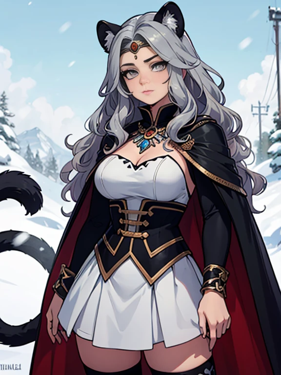 (masterpiece, Highest quality:1.2),One girl, Upper Body,tail, large tail, Gray Hair, Very long hair, Wavy Hair, Grey Eyes, detailed eyes, Multicolored Hair, Circlet, Beaded Necklaces, Animal ears, Leopard Ears, Black Cape, White Dress, Hip vents, Pelvic Curtain, Grey knee socks, the snow&#39;s, the snow&#39;s mountains, Blizzard, Volumetric lighting, Scattered beneath the surface, Cinema Lighting, Chiaroscuro, Floating Hair, Place your hand on your chest