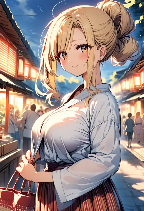 one girl　cute girls　anime style　anime face　anime style　beauty　big breasts　yukata　hand fan　blonde hair　straight hair　long hair　ha...