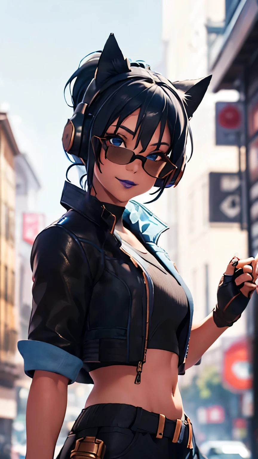 City background, 1girl, solo, HeroicHopeFN, Heroic Hope from fortnite, (crop top, black top, open clothes), (jacket crop top, black jacket, blue loose, jacket loose), fingerless gloves, black pants, blue belt, blue hair, ponytail, blue eyes, headphones, cat ears headphones, holster, aviator sunglasses, looking over glasses, holster spray cans, purple lips, lipsticks, smirk, upper body, body facing viewer, looking at viewer,