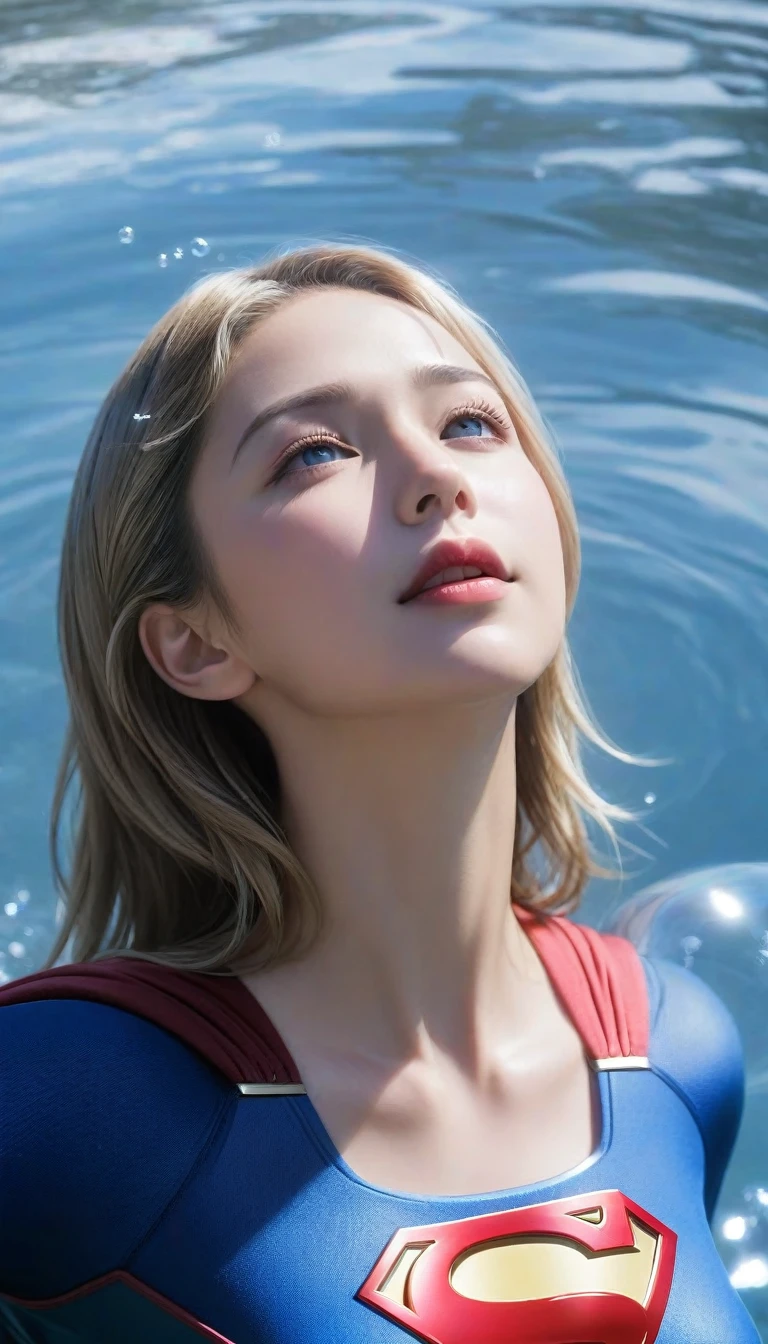 (masterpiece,Highest quality,ultra_detailed,High resolution,absurdes:1.2), Supergirlof costume, A girl in the water、Eyes closed,Supergirl,depth_of_Field,(長さ neck looking up:1.2),bubble,(Raise your hand:1.2),   Complementary Color,Bright Eyes,Strong Rim Light,High resolution、Shortness of breath