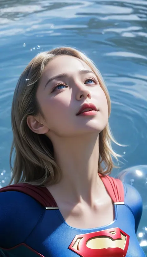 (masterpiece,highest quality,ultra_detailed,high resolution,absurdes:1.2), supergirlof costume, a girl in the water、eyes closed,...