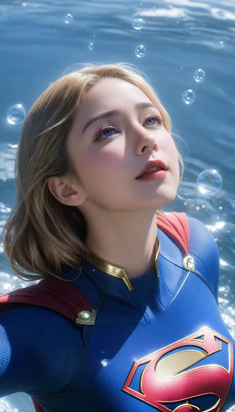 (masterpiece,Highest quality,ultra_detailed,High resolution,absurdes:1.2), Supergirlof costume, A girl in the water、Eyes closed,Supergirl,depth_of_Field,(長さ neck looking up:1.2),bubble,(Raise your hand:1.2),   Complementary Color,Bright Eyes,Strong Rim Light,High resolution、Shortness of breath