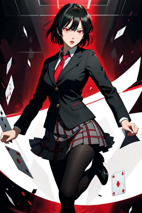 yumeko jabami from kakegurui anime, red eyes, detailed school uniform with red coat, white shirt, gray plaid skirt, black tights...