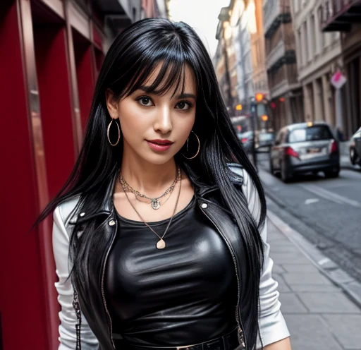 1 woman 30 years old, One, long straight black hair, bang,I look at the viewer, detailed eyes, shy smile,Jewelry, medium breast, earrings,belt, blue leather jacket over a tight red t-shirt,mini skirt,sheer white tights,NECKLACE, bracelet, lips,((Dynamic angle)),