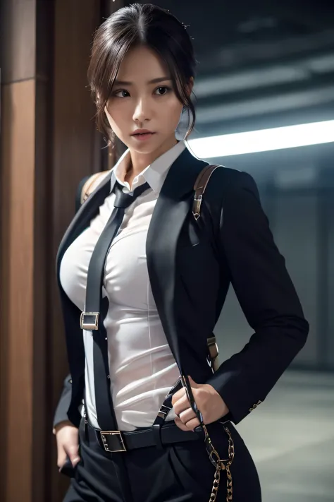 a woman in a suit, belt, hands behind back, sweating, suspenders, black pants, sexly, large breasts, see-through clothing, rain,...