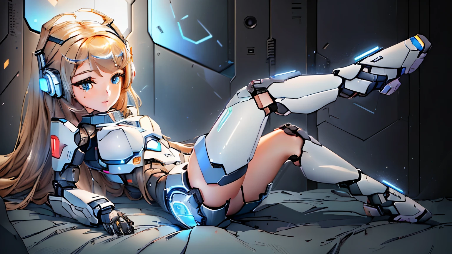 a close up of a woman laying on a bed with headphones on and dark brown hair, cute cyborg girl, perfect android girl, anime manga robot!! anime girl, girl in mecha cyber armor, perfect anime cyborg woman, beutiful white girl cyborg, anime cyborg, cyberpunk anime girl mech, beutiful girl cyborg, cyborg - girl, (best quality,8k,highres,masterpiece:1.2),ultra-detailed,(realistic,photorealistic,photo-realistic:1.37), mecha cute small girl lying on a metal bed inside a futuristic vault, drones seen flying throught the window, looking at viewer, mecha blue body, gatling laser weapons lying around, dark brown hair