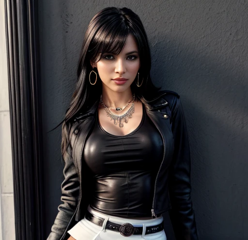 1 woman 30 years old, One, long straight black hair, bang,I look at the viewer, detailed eyes, shy smile,Jewelry, medium breast, earrings,belt, blue leather jacket over a tight red t-shirt,mini skirt,sheer white tights,NECKLACE, bracelet, lips,((Dynamic angle)),