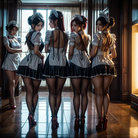 (full body of extremely detailed((sexy maid group in a row:1.37))), kawaii perfect face with reflective eyes, detailed(delicate ...