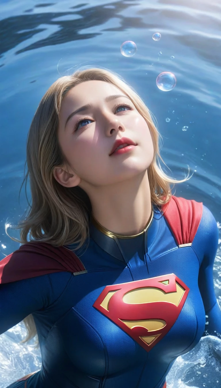 (masterpiece,Highest quality,ultra_detailed,High resolution,absurdists:1.2), Supergirlof costume, A girl in the water、Eyes closed,Supergirl,depth_of_Field,(長さ neck looking up:1.2),bubble,(Raise your hand:1.2),   Complementary Color,Bright Eyes,Strong Rim Light,High resolution、Shortness of breath、being dragged into the water