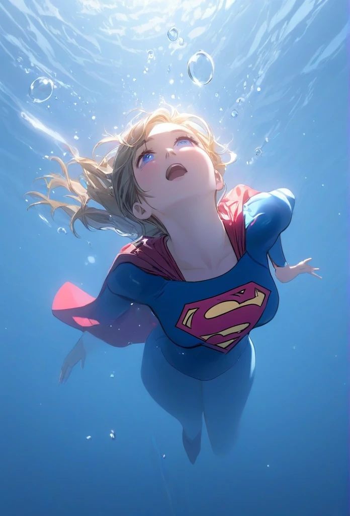 (masterpiece,Highest quality,ultra_detailed,High resolution,absurdes:1.2), Supergirlof costume, A girl in the water、Eyes closed,Supergirl,depth_of_Field,(長さ neck looking up:1.2),bubble,(Raise your hand:1.2),   Complementary Color,Bright Eyes,Strong Rim Light,High resolution、Shortness of breath、being dragged into the water