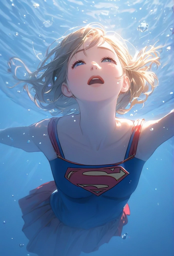 (masterpiece,Highest quality,ultra_detailed,High resolution,absurdes:1.2), Supergirlof costume, A girl in the water、Eyes closed,Supergirl,depth_of_Field,(長さ neck looking up:1.2),bubble,(Raise your hand:1.2),   Complementary Color,Bright Eyes,Strong Rim Light,High resolution、Shortness of breath、being dragged into the water