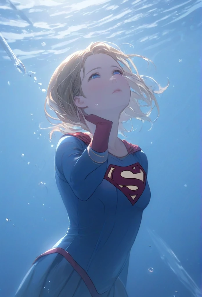 (masterpiece,Highest quality,ultra_detailed,High resolution,absurdes:1.2), Supergirlof costume, A girl in the water、Eyes closed,Supergirl,depth_of_Field,(長さ neck looking up:1.2),bubble,(Raise your hand:1.2),   Complementary Color,Bright Eyes,Strong Rim Light,High resolution、Shortness of breath、being dragged into the water