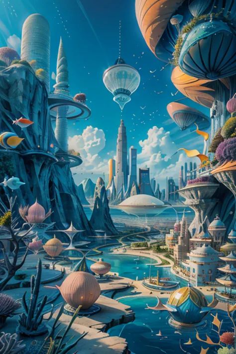 ( surrealism ) a surreal scene involving a floating 1900's city in the sky and a 1960's city under the sea, non euclidean geomet...