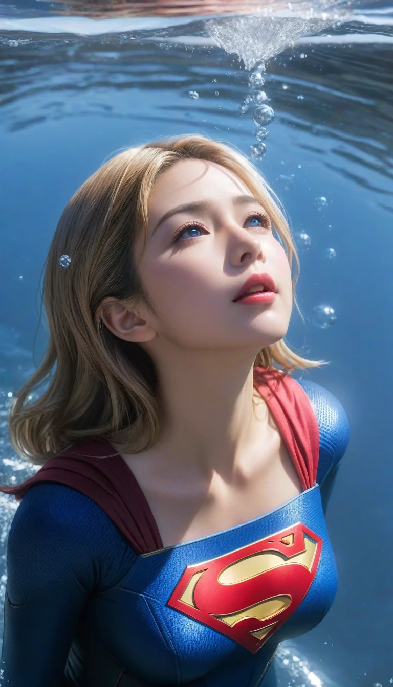 (masterpiece,Highest quality,ultra_detailed,High resolution,absurdists:1.2), Supergirlof costume, A girl in the water、Eyes closed,Supergirl,depth_of_Field,(長さ neck looking up:1.2),bubble,(Raise your hand:1.2),   Complementary Color,Bright Eyes,Strong Rim Light,High resolution、Shortness of breath、Being dragged to the bottom of the river