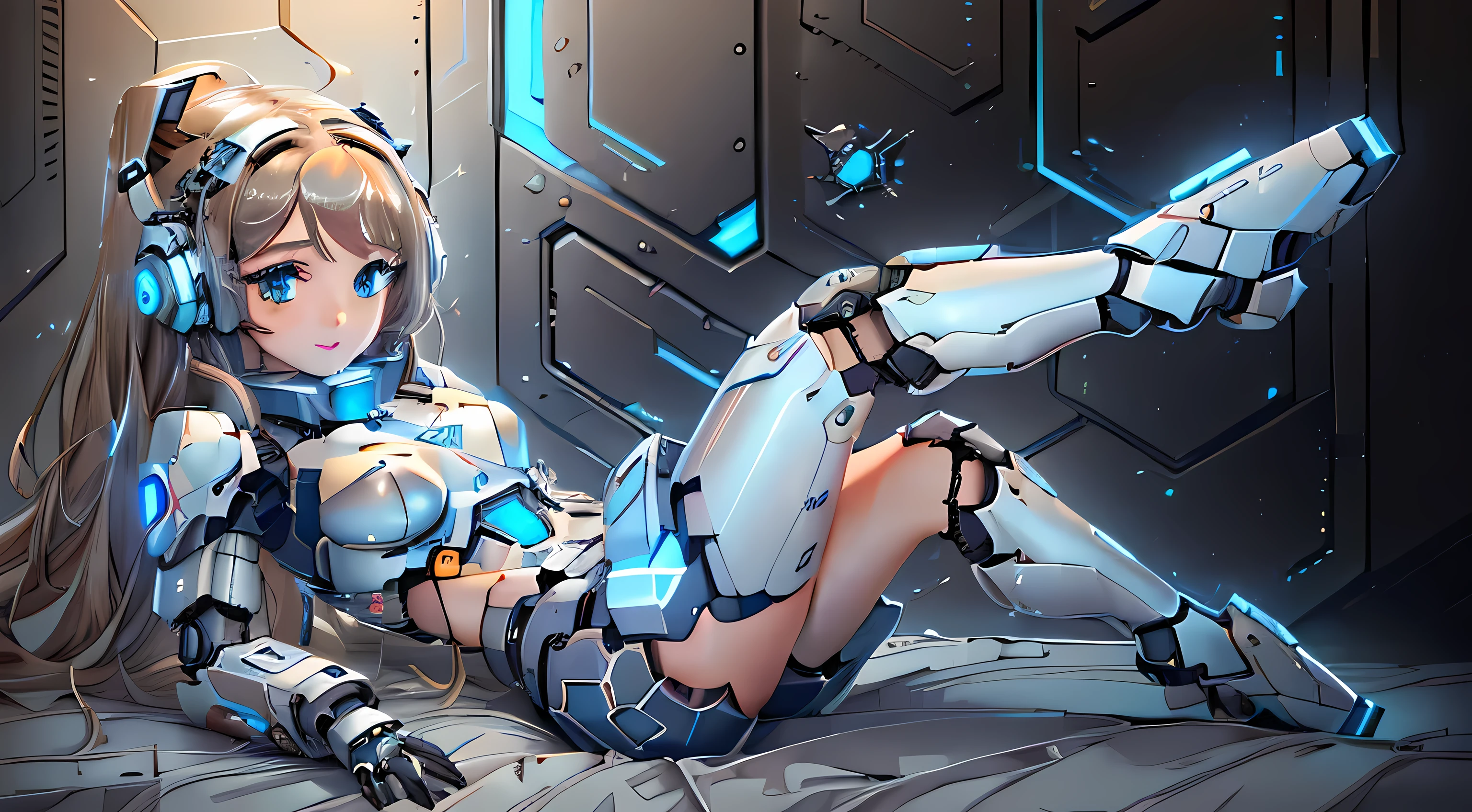 a close up of a woman laying on a bed with headphones on and dark brown hair and blue eyes, cute cyborg girl, perfect android girl, anime manga robot!! anime girl, girl in mecha cyber armor, perfect anime cyborg woman, beutiful white girl cyborg, anime cyborg, cyberpunk anime girl mech, beutiful girl cyborg, cyborg - girl, (best quality,8k,highres,masterpiece:1.2),ultra-detailed,(realistic,photorealistic,photo-realistic:1.37), mecha cute small girl lying on a metal bed inside a futuristic vault, drones seen flying throught the window, looking at viewer, mecha blue body, gatling laser weapons lying around