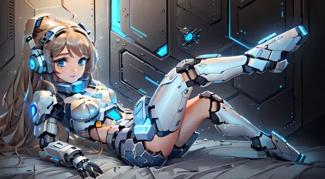 a close up of a woman laying on a bed with headphones on and dark brown hair and blue eyes, cute cyborg girl, perfect android gi...