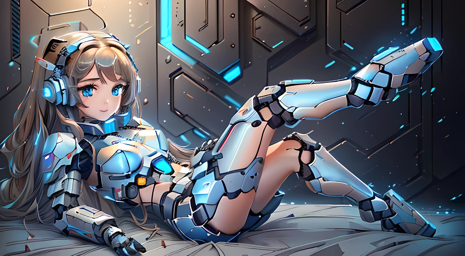 a close up of a woman laying on a bed with headphones on and dark brown hair and blue eyes, cute cyborg girl, perfect android girl, anime manga robot!! anime girl, girl in mecha cyber armor, perfect anime cyborg woman, beutiful white girl cyborg, anime cyborg, cyberpunk anime girl mech, beutiful girl cyborg, cyborg - girl, (best quality,8k,highres,masterpiece:1.2),ultra-detailed,(realistic,photorealistic,photo-realistic:1.37), mecha cute small girl lying on a metal bed inside a futuristic vault, drones seen flying throught the window, looking at viewer, mecha blue body, gatling laser weapons lying around