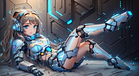 a close up of a woman laying on a bed with headphones on and dark brown hair and blue eyes, cute cyborg girl, perfect android gi...