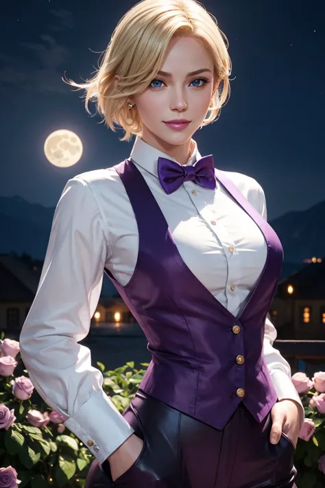 kof,king of fighters,king,blue eyes,blonde hair,medium hair,white long shirt,purple vest,a bow tie,beautiful white skin,photorea...