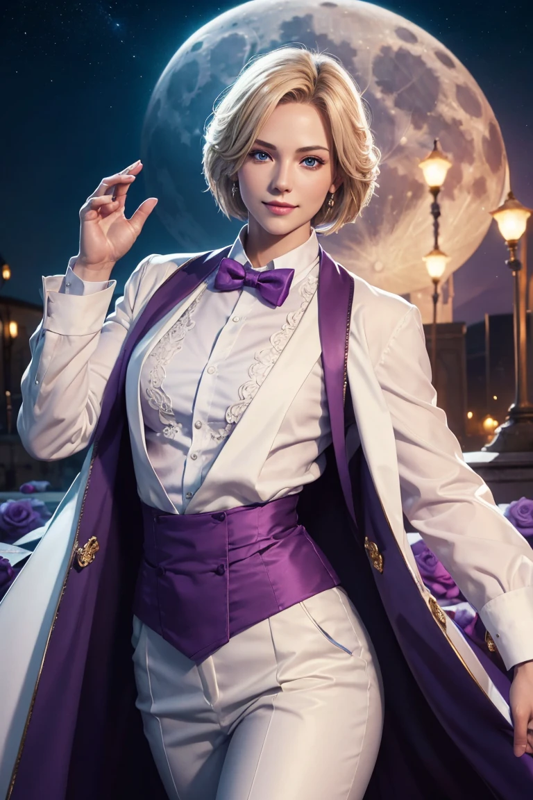 KOF,King of Fighters,King,Blue Eyes,Blonde Hair,Medium Hair,White long shirt,Purple vest,A bow tie,Beautiful white skin,Photorealistic,Ultra HD,high quality,masterpiece,Digital SLR,Detailed details,Intricate details,Anatomical basis,Depicted in detail,A detailed face,Realistic skin texture,Vivid details,Perfect Anatomy,Perfect Anatomy,Anatomically correct hand,Anatomically correct fingers,Super Detail,Complex 3D rendering,Sexy pose,Fantasy worldview,Beautiful Full Moon,,Beautiful night sky,Purple rose petals fluttering,Picturesque,Pink Lips,smile,