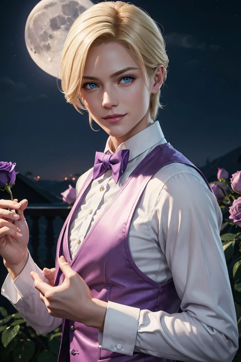 KOF,King of Fighters,King,Blue Eyes,Blonde Hair,Medium Hair,White long shirt,Purple vest,A bow tie,Beautiful white skin,Photorealistic,Ultra HD,high quality,masterpiece,Digital SLR,Detailed details,Intricate details,Anatomical basis,Depicted in detail,A detailed face,Realistic skin texture,Vivid details,Perfect Anatomy,Perfect Anatomy,Anatomically correct hand,Anatomically correct fingers,Super Detail,Complex 3D rendering,Sexy pose,Fantasy worldview,Beautiful Full Moon,,Beautiful night sky,Purple rose petals fluttering,Picturesque,Pink Lips,smile,