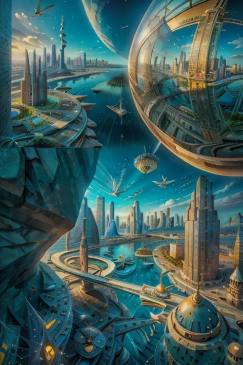 ( surrealism ) a surreal scene involving a floating 1900's city in the sky and a 1960's city under the sea, non euclidean geomet...