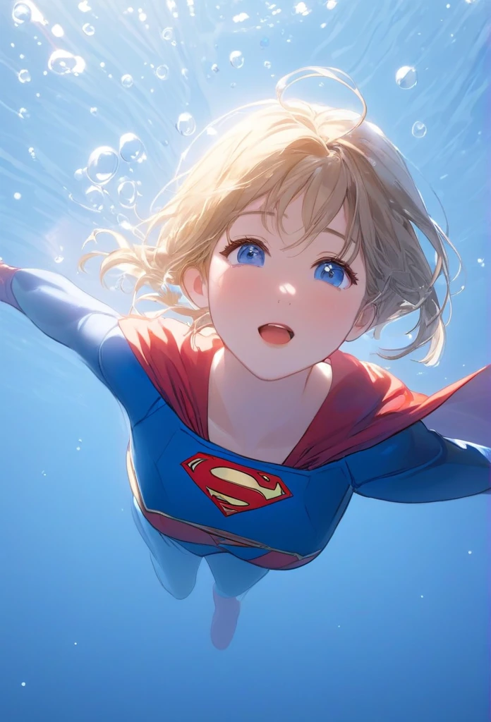 (masterpiece,Highest quality,ultra_detailed,High resolution,absurdes:1.2), Supergirlof costume, A girl in the water、Eyes closed,Supergirl,depth_of_Field,(長さ neck looking up:1.2),bubble,(Raise your hand:1.2),   Complementary Color,Bright Eyes,Strong Rim Light,High resolution、Shortness of breath、Being dragged to the bottom of the river