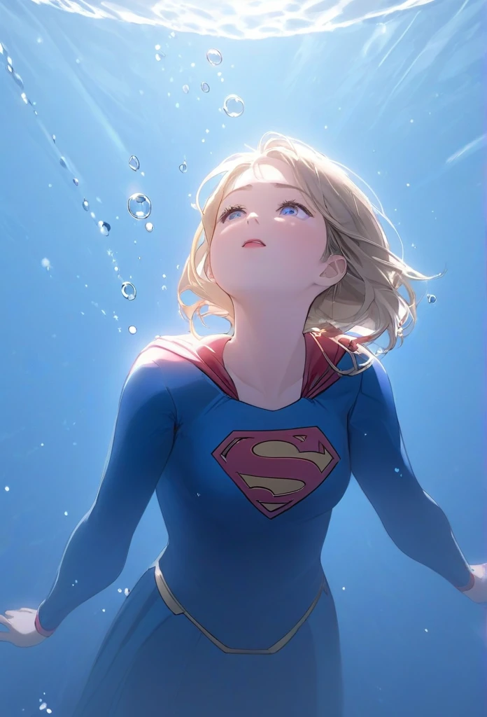 (masterpiece,Highest quality,ultra_detailed,High resolution,absurdes:1.2), Supergirlof costume, A girl in the water、Eyes closed,Supergirl,depth_of_Field,(長さ neck looking up:1.2),bubble,(Raise your hand:1.2),   Complementary Color,Bright Eyes,Strong Rim Light,High resolution、Shortness of breath、Being dragged to the bottom of the river