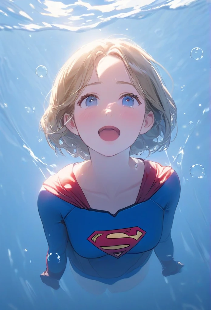 (masterpiece,Highest quality,ultra_detailed,High resolution,absurdes:1.2), Supergirlof costume, A girl in the water、Eyes closed,Supergirl,depth_of_Field,(長さ neck looking up:1.2),bubble,(Raise your hand:1.2),   Complementary Color,Bright Eyes,Strong Rim Light,High resolution、Shortness of breath、Being dragged to the bottom of the river