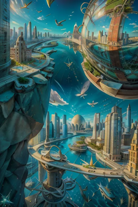 ( surrealism ) a surreal scene involving an upside down floating 1900's city in the sky and a 1960's city under the sea, non euc...