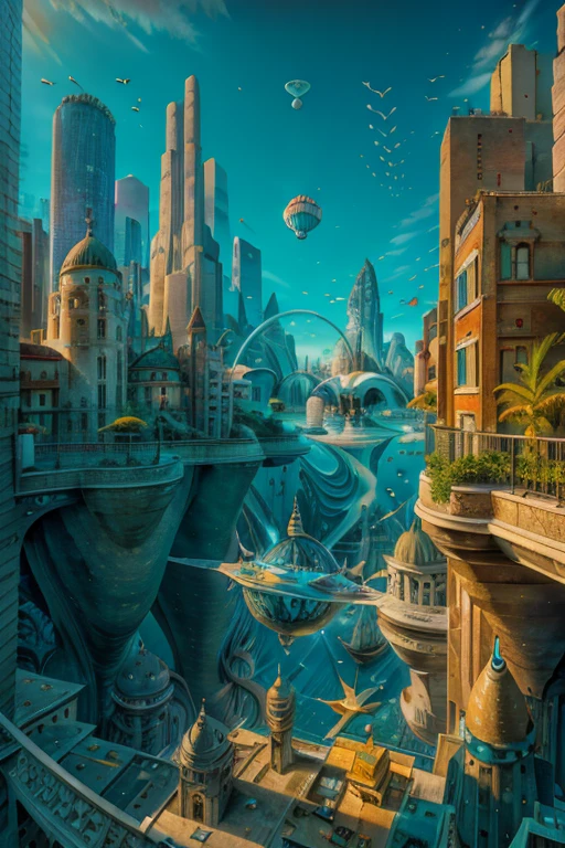  ( Surrealism ) a Surreal scene involving an upside down floating 1900's city in the sky and a 1960's city under the sea, non euclidean geometry, and abstract scene with illusions , confusing chaos, ethereal and divine, photorealistic, 8k, hyper detailed, dramatic lighting, vibrant colors, surreal and abstract, blue sky is the sea and the blue sea is the sky.