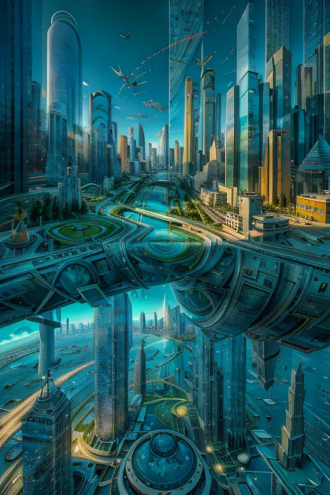 ( surrealism ) a surreal scene involving a city with skyscrapers reaching into the sky and connected to an upside down city, non...