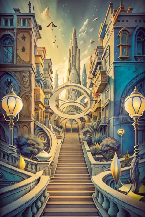 ( surrealism ) a surreal scene involving many stairs leading to impossible angles within another stair within another stair and ...