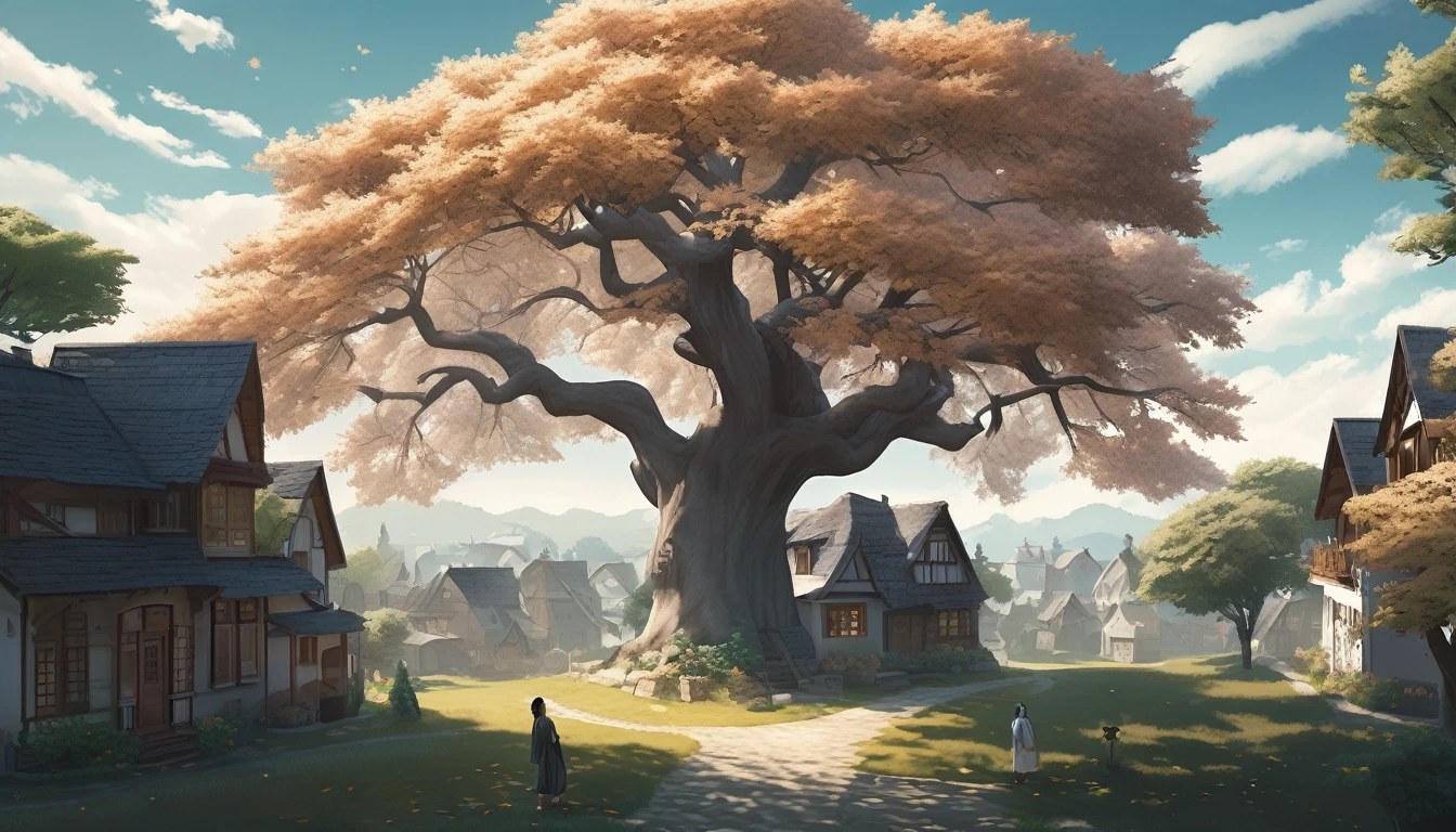 an astronomically large tree, far away view, white leaves, branches reaching far out, immense size, dwarfing other trees, [quaint villages under the shade], [small cottages], [serene ambiance] , [tiny houses], [soft sunlight], [calm setting]