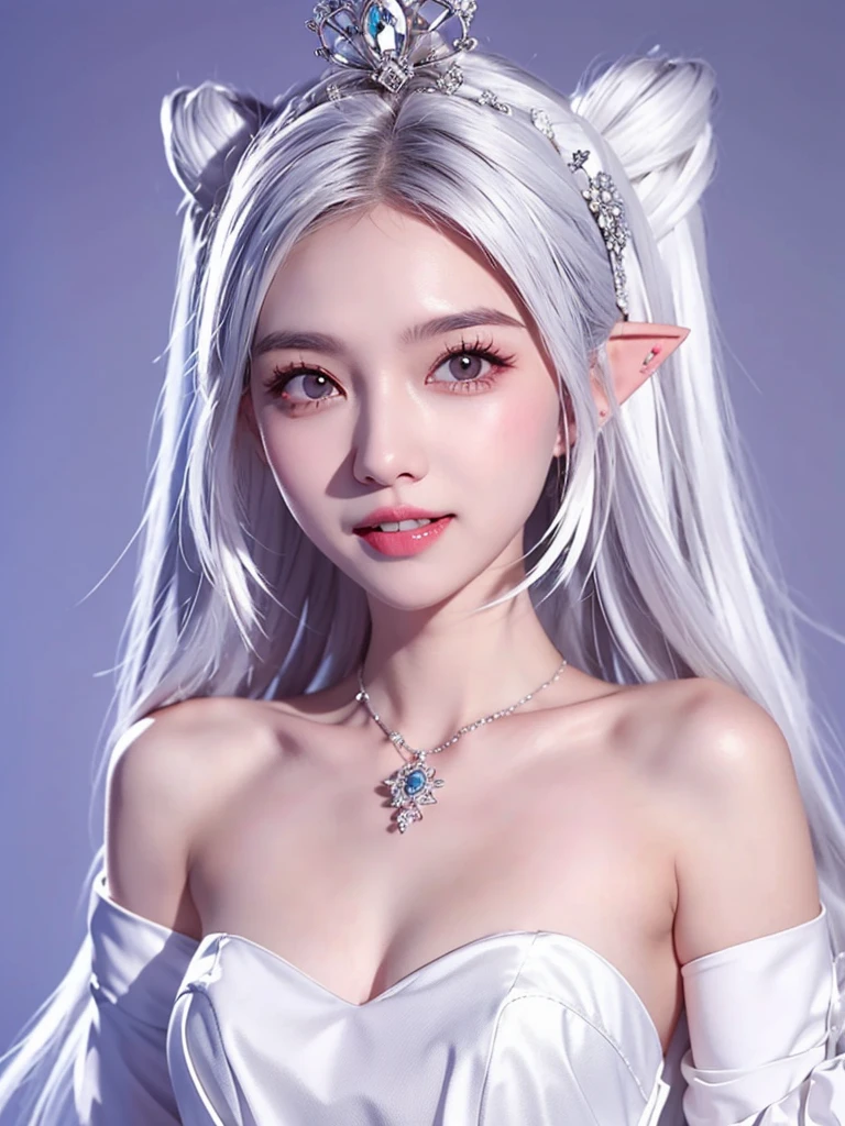 One girl, Long Hair、White Hair、Silver Hair．jagged teeth．
Princess Teresa，White skin, large breasts, Pointy Ears, Blushing, 